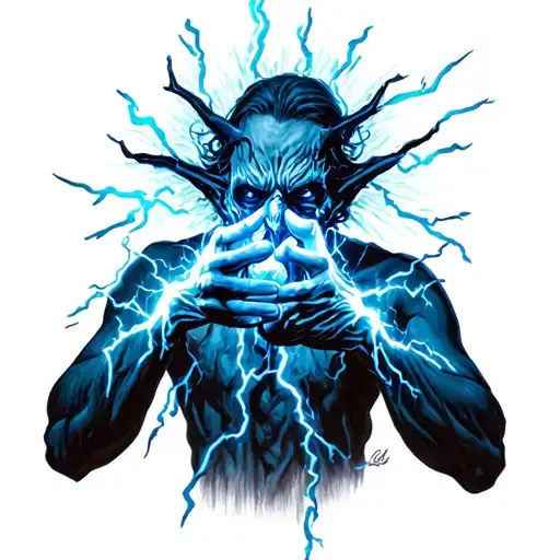 Evil Figure With Blue Electricity Radiating From Hands