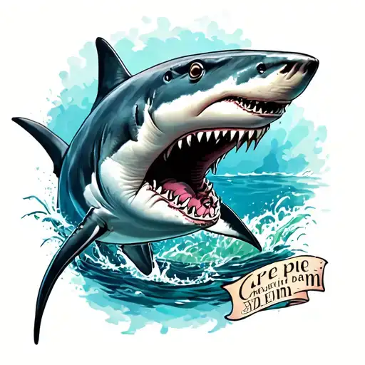 A Realistic Depiction Of A Shark With A Subtle Carpe Diem Message And Trading Motifs