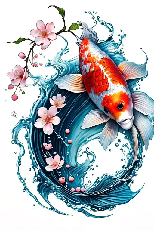 Koi Fish With Cherry Blossoms Pedals Falling
