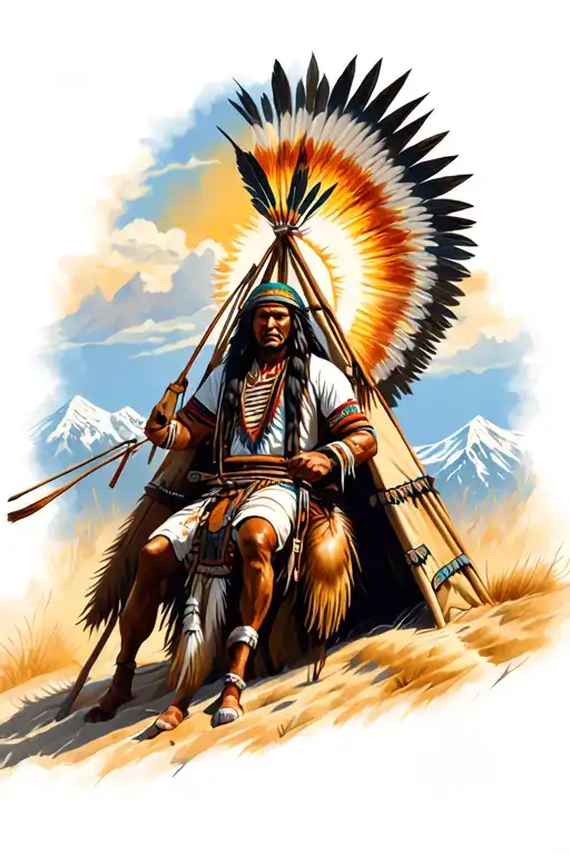 Native American Warrior Riding Teepee Sun Mountain