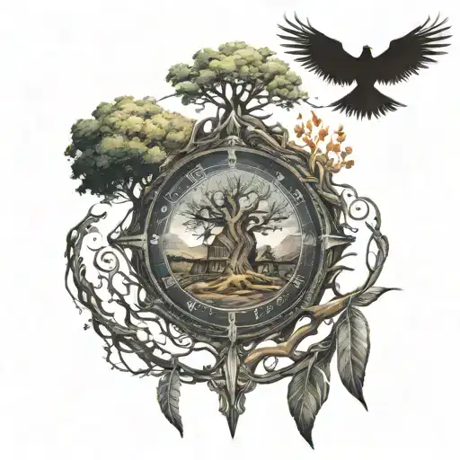 Life Of Tree With Small House Surrounded Runes Compass Under Flighting Phoenix