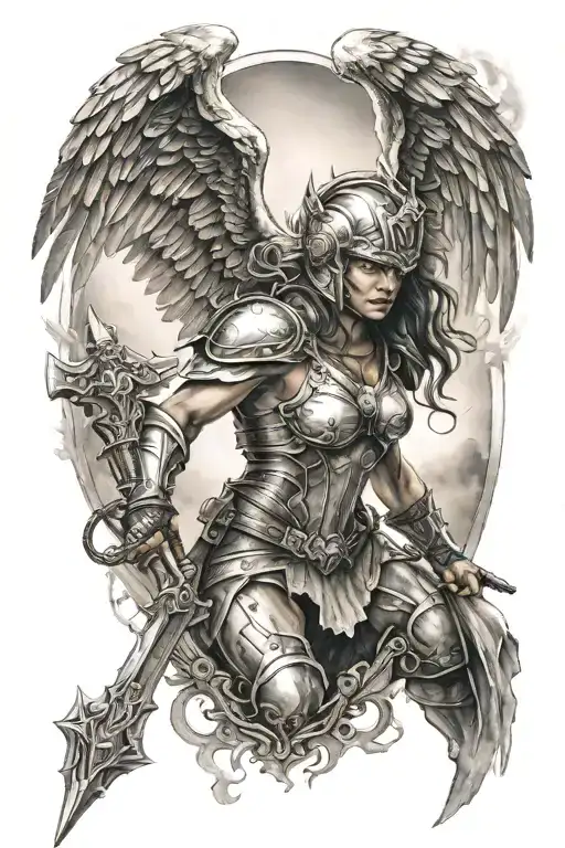 Valkyrie With Helmet And Wings In A Halo Of Light Above A Battlefield