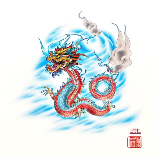 Chinese Dragon With Wave And Fire