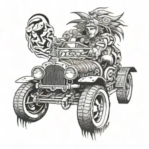 An Anime Character Driving A Tribal Style Car