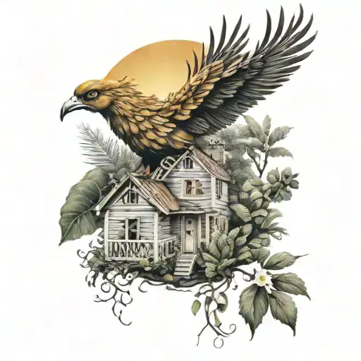 Phoenix Bird Under Tree Of Life With Small House Plants