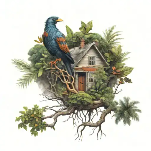 Phoenix Bird Under Rich Tree Of Life With Small House Plants