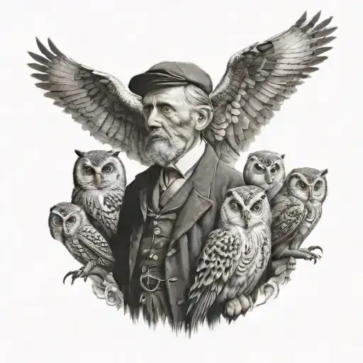 A Historical Figure With Owl Companions In A Realism Style