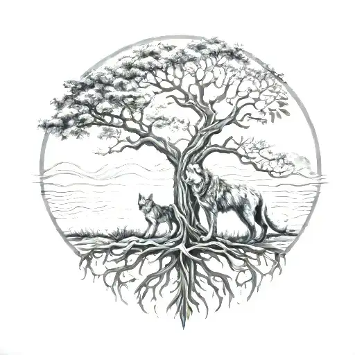 Tree Of Life With A Half Moon And A Wolf