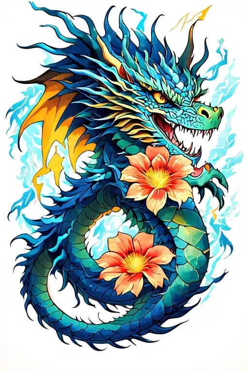 Dragon With Lightnings And Flowers Wrapping Around