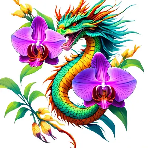 Orchids And Dragon Leg Tattoo Featuring