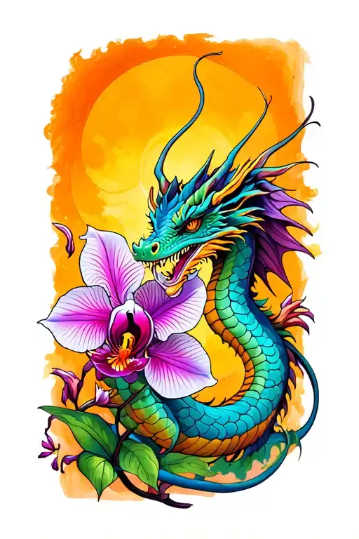 Dragon And Orchid Leg Tattoo Featuring