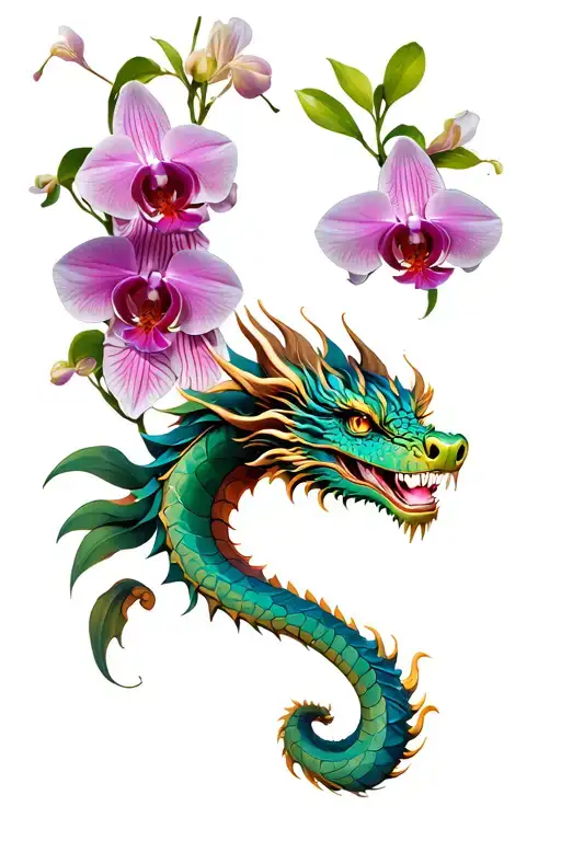 Dragon And Orchid Leg Tattoo Featuring