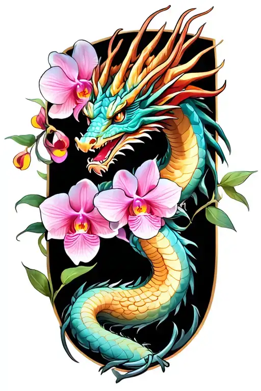 Dragon And Orchid Leg Tattoo Featuring