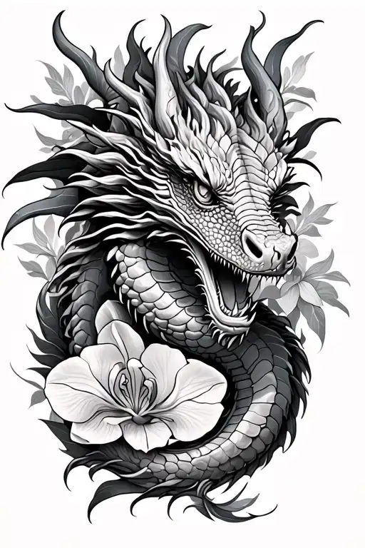 Dragon And Orchid Leg Tattoo Featuring