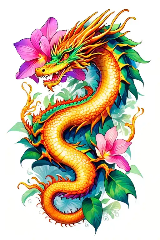 Dragon And Orchid Leg Tattoo Featuring