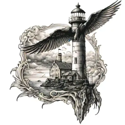 A Detailed Blackwork Tattoo Of A Lighthouse With An Archangel Flying