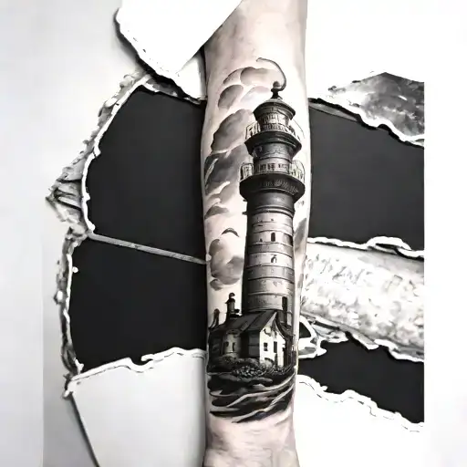 A Detailed Blackwork Tattoo Of A Lighthouse With An Archangel Flying In The Background