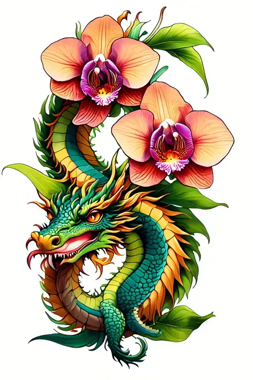 Dragon And Orchid Leg Tattoo Featuring Iconic Symbols