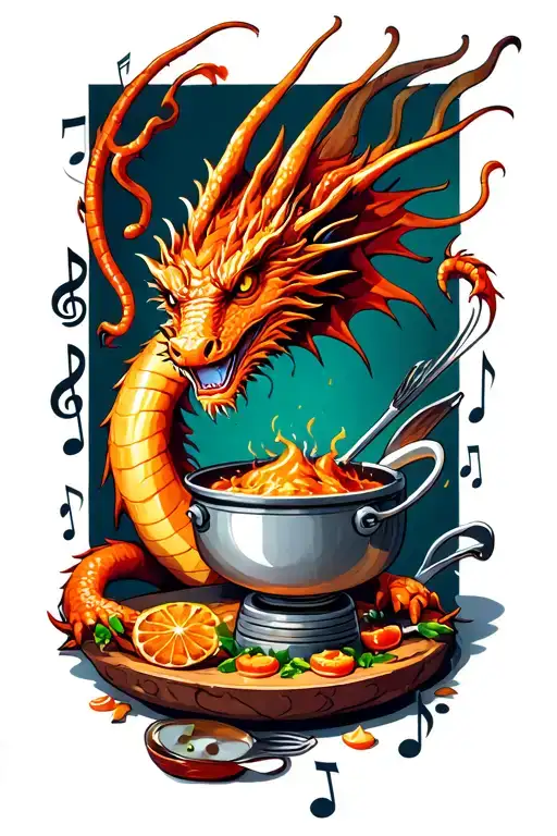 A Dragon Cooking In A Kitchen With Music Notes As Ingredients
