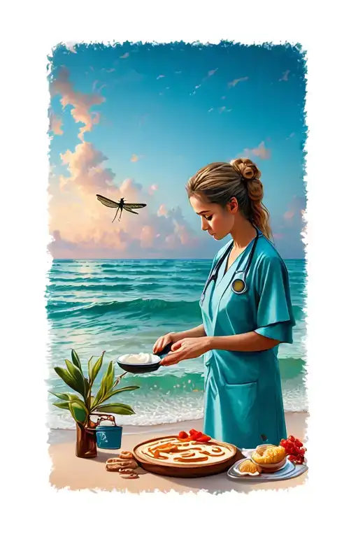 A Healthcare Worker Baking On A Beach With A Dragonfly Perched On Their Shoulder