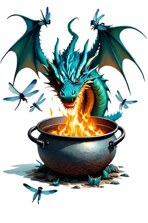 Dragon Breathing Fire Onto A Giant Cooking Pot Surrounded By Dragonflies