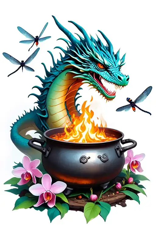 Dragon Breathing Fire Onto A Giant Cooking Pot Surrounded By Dragonflies With Orchids