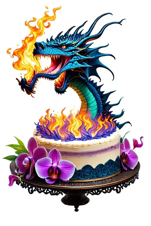 Dragon Breathing Fire Onto A Cake With Orchids