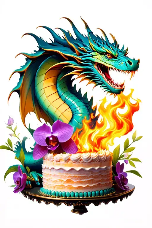 Dragon Breathing Fire Onto A Cake With Orchids