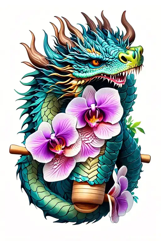 Dragon Wrapped Around A Rolling Pin With Orchids Intertwined