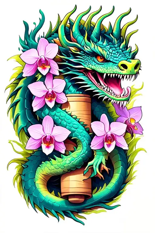 Dragon Wrapped Around A Rolling Pin With Orchids Intertwined