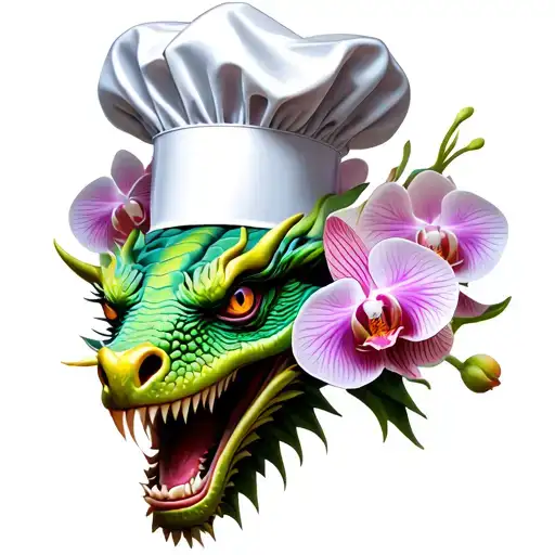 Orchids Blooming From A Chef Hat Worn By A Dragon In A New-school Style
