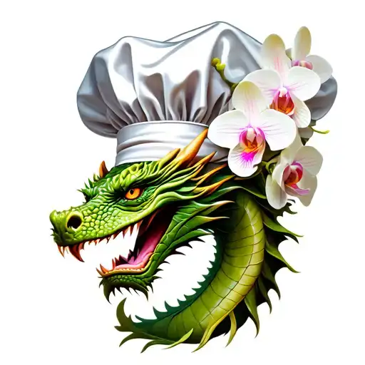 Orchids Blooming From A Chef Hat Worn By A Dragon In A New-school Style