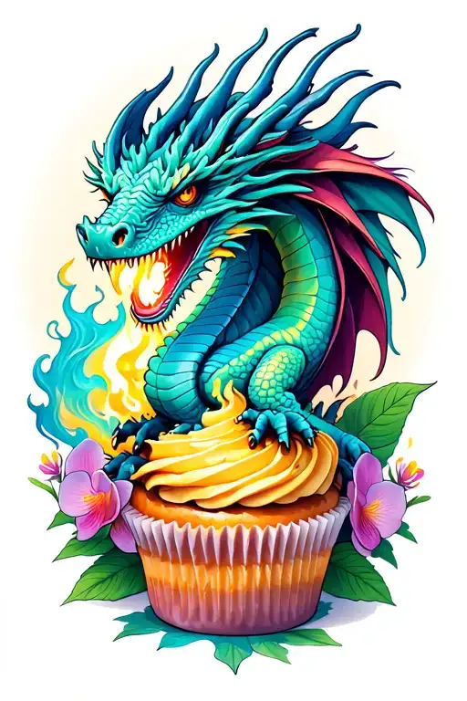 Dragon Breathing Fire On A Cupcake With Orchids