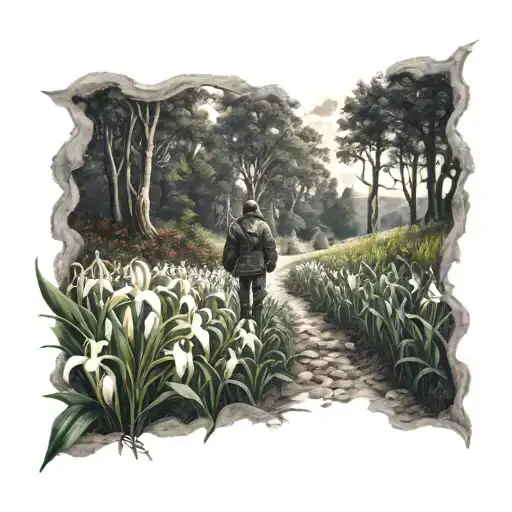 Hunter Walking Away In A Forrest With A Field Of Lily In The Valley Flowers