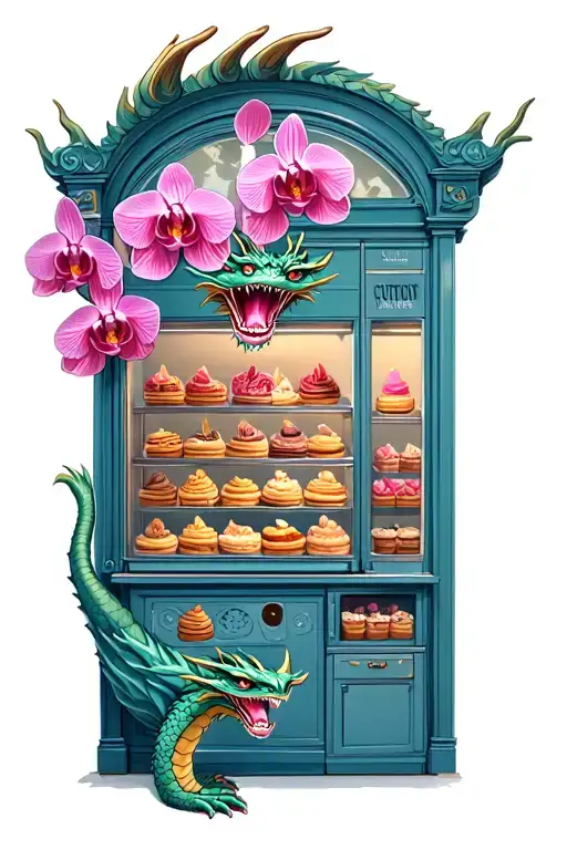 Dragon Guarding A Bakery Filled With Orchid-shaped Treats