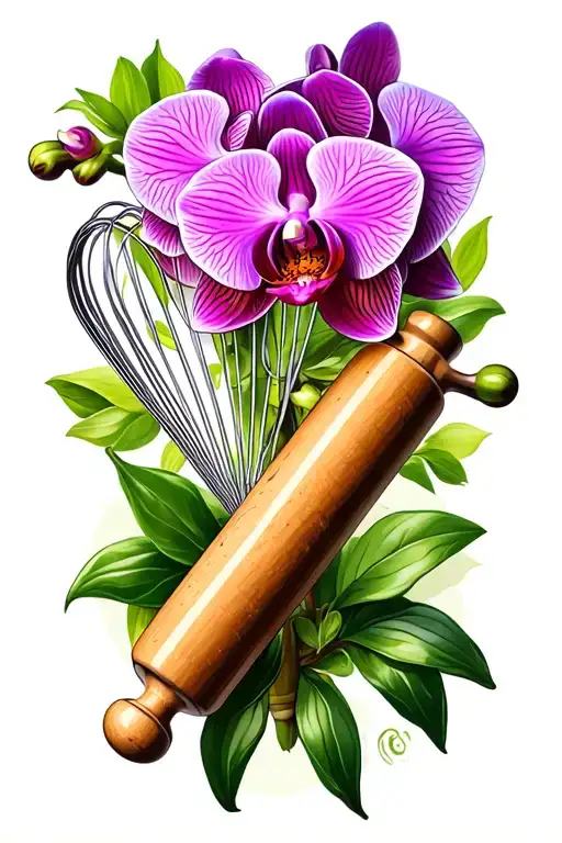 An Orchid Intertwined With A Whisk And Rolling Pin