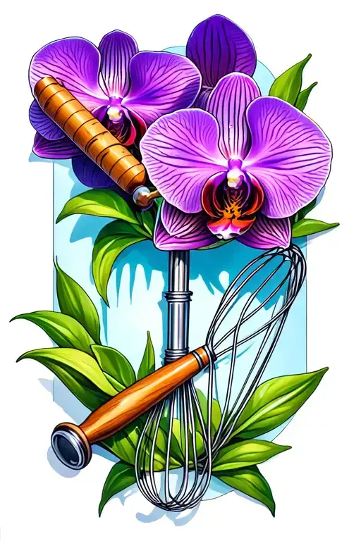An Orchid Intertwined With A Whisk And Rolling Pin