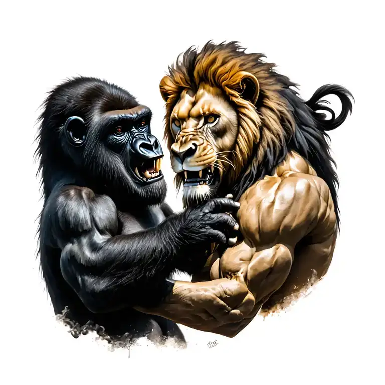 Lion And Gorilla Fighting Black And Grey Realism