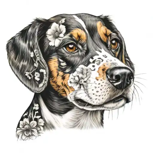 Dashchund Piebald Black White And Tan With Black Ticking Floral Female