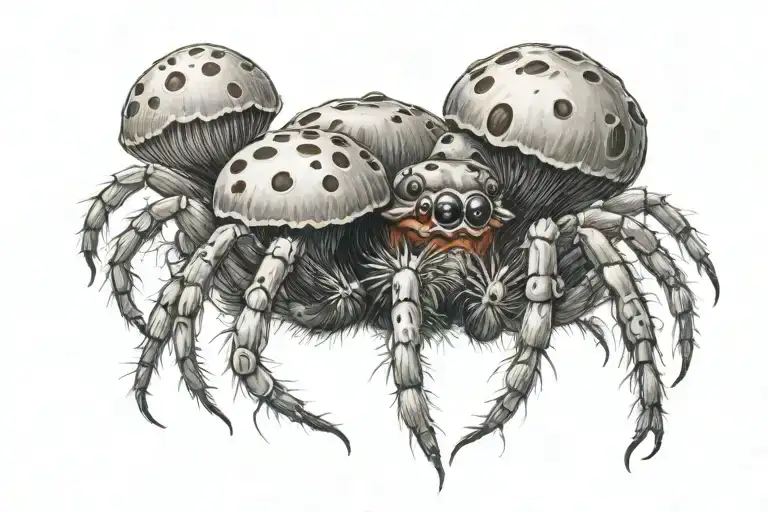 A Spider With A Body Shaped Like A Mushroom With A Fangs And Made Of Mushrooms
