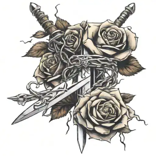 Sword With Barbed Wire And Roses Wrapped Around