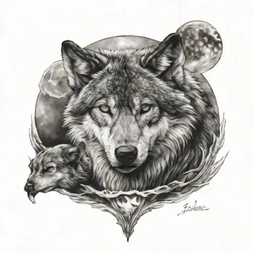 Wolf With Moon And Puppy