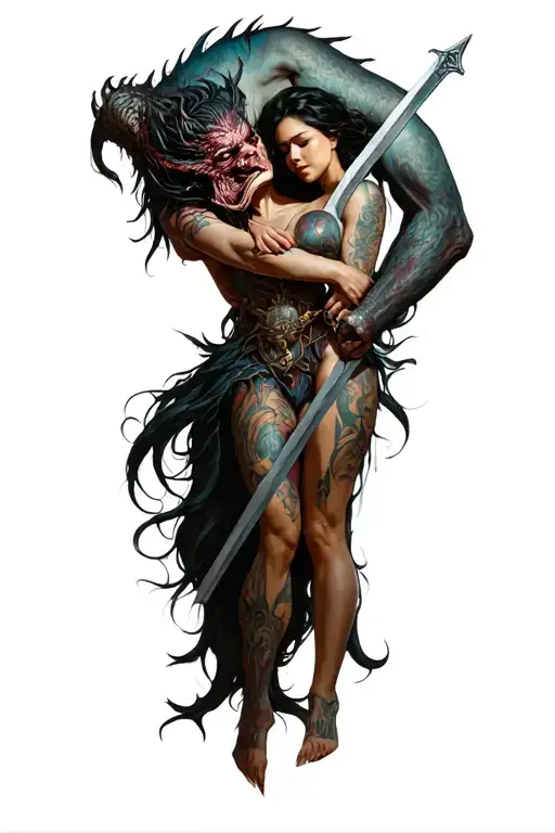 Monster Embracing A Woman Holding A Sword