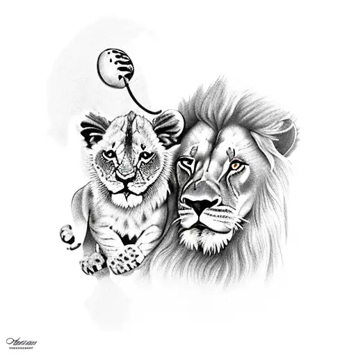 Lion With A Lion Cub With A Ladybug