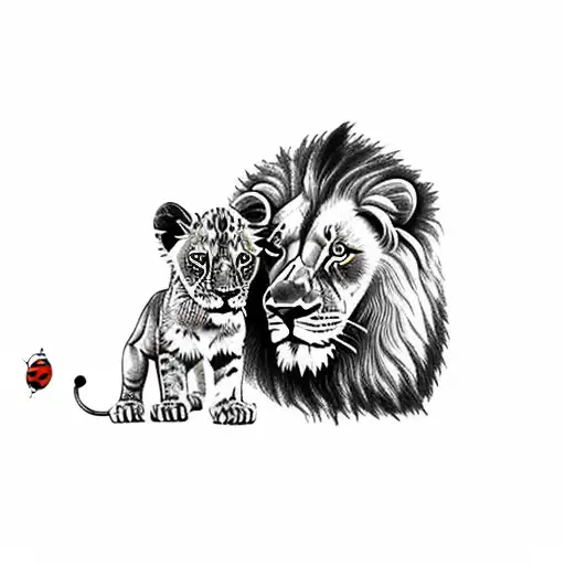 Lion And A Lion Cub With A Ladybug
