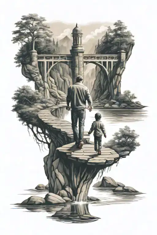 Hour Glass Bridge And River Flow With Dad And Son Holding Hands