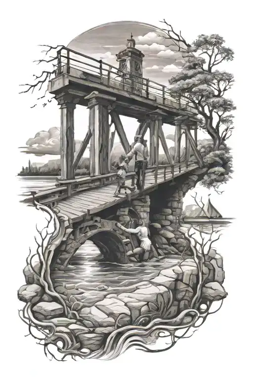 Hour Glass And Bridge And River Flow With Dad And Son Holding Hands