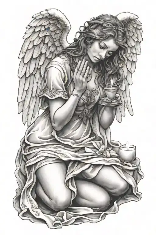 Female Angel Kneeling With Praying Hands Holding A Candle