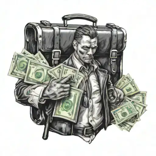 A Gangster Holding A Briefcase Full Of Cash In Blackwork Style