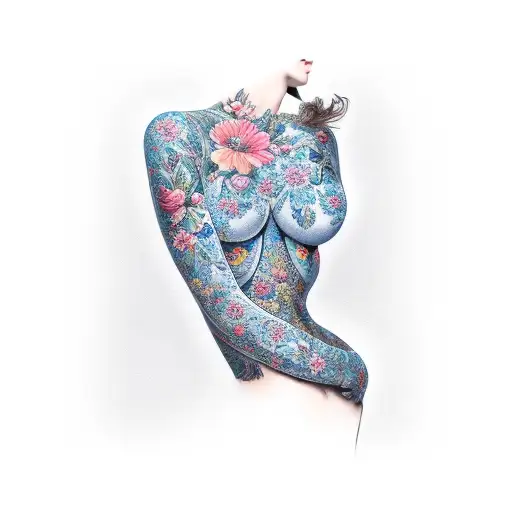 Blue Floral Womans Body Figure